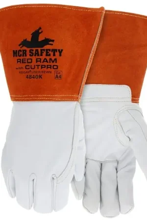 Grab Now MCR Safety 4840KL Red Ram Welding Gloves Large Leather White Kevlar