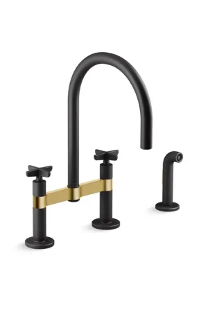 Kohler 28673-3-BMB Billet Matte Black Modern Brass 1.5 GPM 2 Hole 8 in. Widespread Deck Mount Double Cross Handle Kitchen Faucet With Sidespray Discount