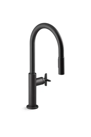 Kohler 28670-3RT2-BL Billet Matte Black 1.5 GPM 1 Hole Deck Mount Single Cross Handle Kitchen Faucet with Pull-down Spray Clearance